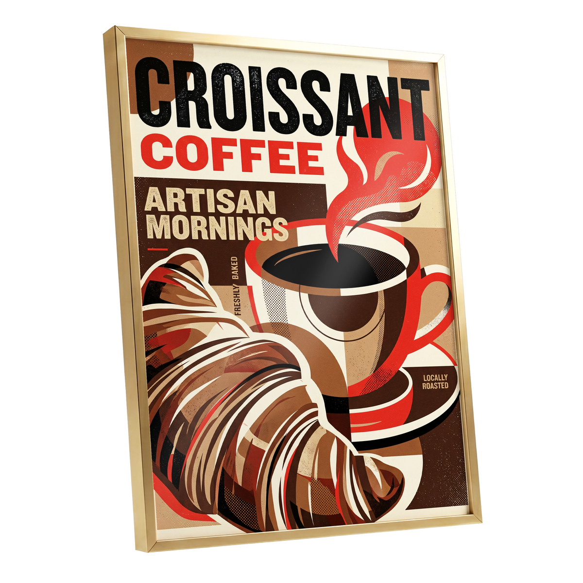 Croissant Coffee Morning, black, brown, red abstract wall art shown as a gold framed poster wall art print