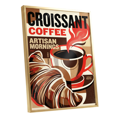 Croissant Coffee Morning, black, brown, red abstract wall art shown as a gold framed poster wall art print