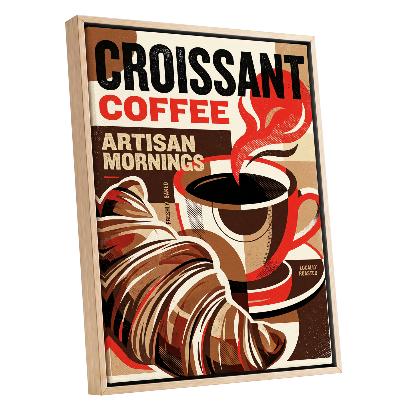 Croissant Coffee Morning, black, brown, red abstract wall art shown as a oak framed canvas wall art