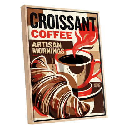 Croissant Coffee Morning, black, brown, red abstract wall art shown as a oak framed canvas wall art