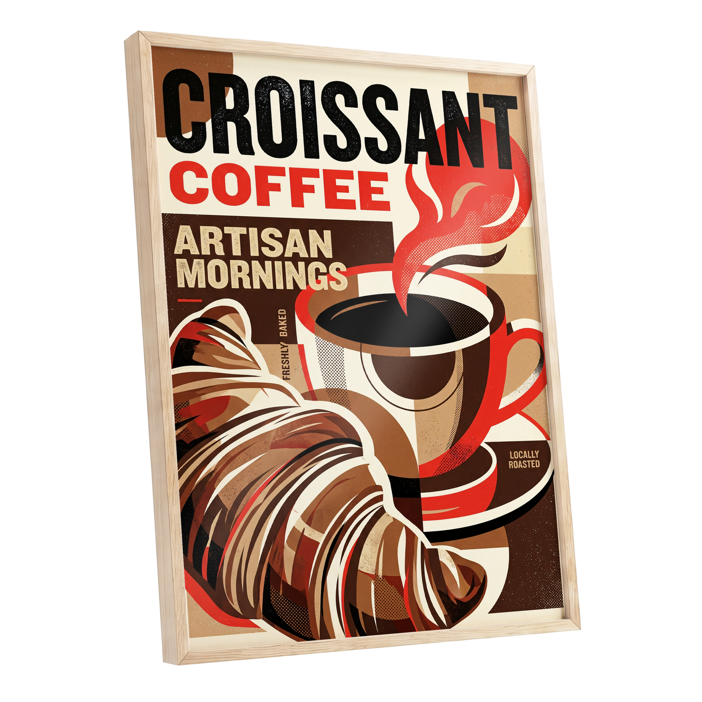 Croissant Coffee Morning, black, brown, red abstract wall art shown as a oak framed poster wall art print