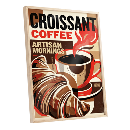 Croissant Coffee Morning, black, brown, red abstract wall art shown as a oak framed poster wall art print