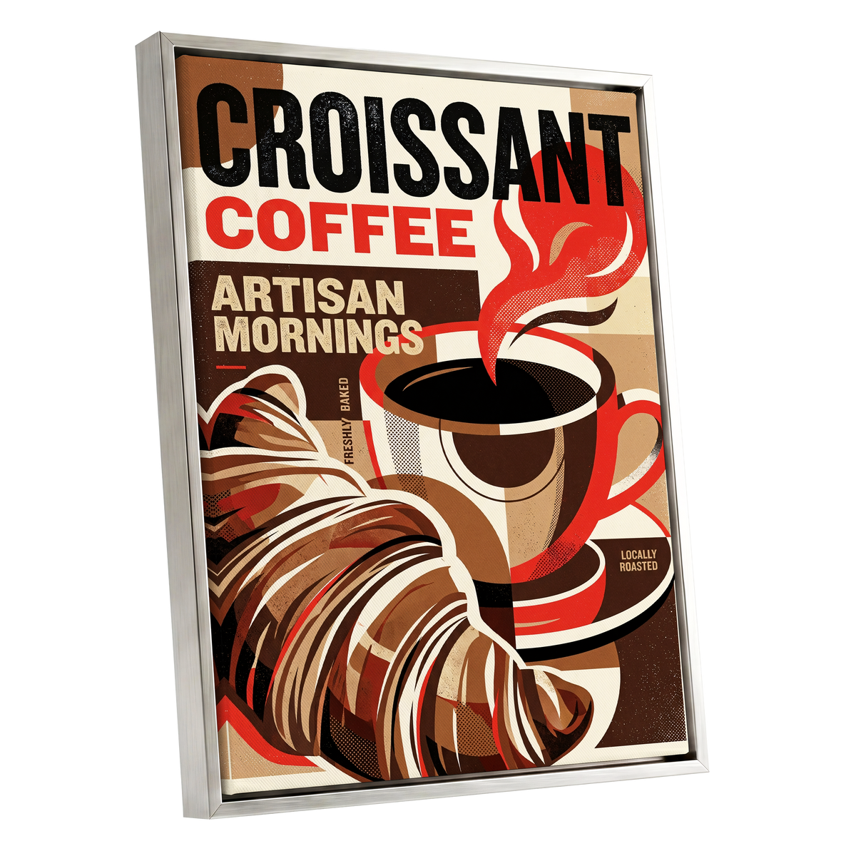 Croissant Coffee Morning, black, brown, red abstract wall art shown as a silver framed canvas wall art