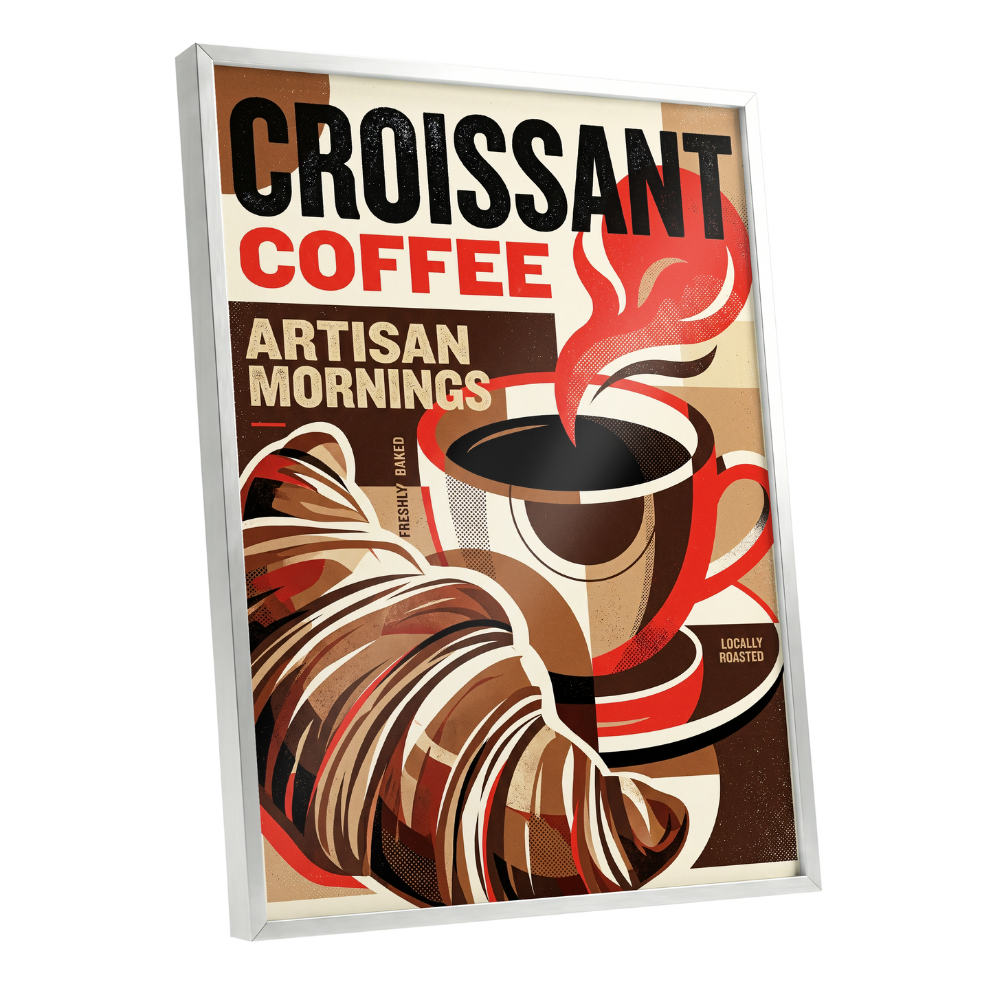 Croissant Coffee Morning, black, brown, red abstract wall art shown as a silver framed poster wall art print