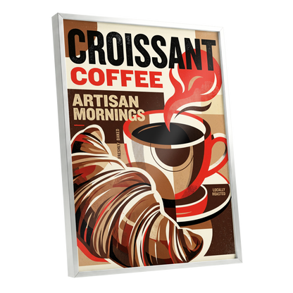 Croissant Coffee Morning, black, brown, red abstract wall art shown as a silver framed poster wall art print