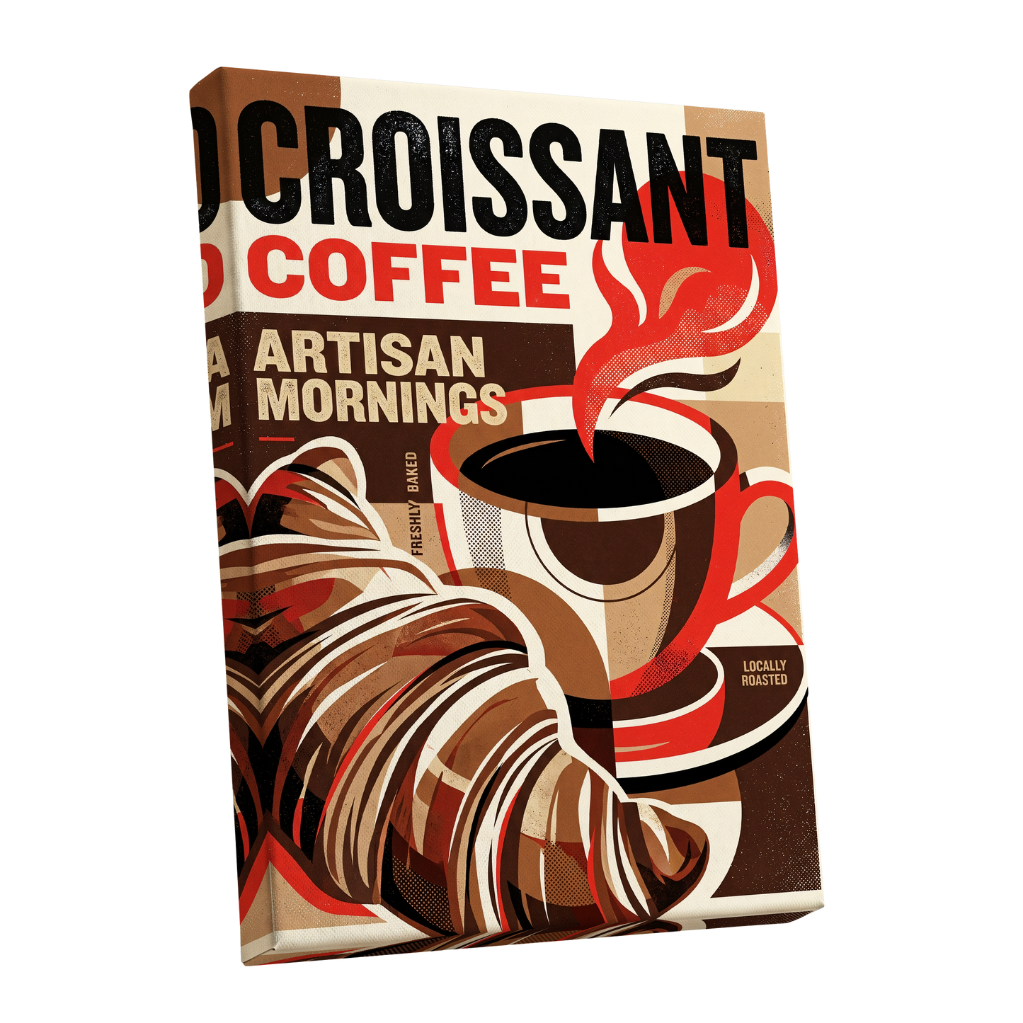 Croissant Coffee Morning, black, brown, red abstract wall art shown as a stretched canvas wall art
