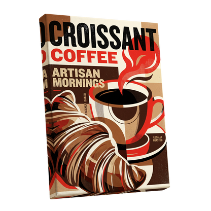 Croissant Coffee Morning, black, brown, red abstract wall art shown as a stretched canvas wall art