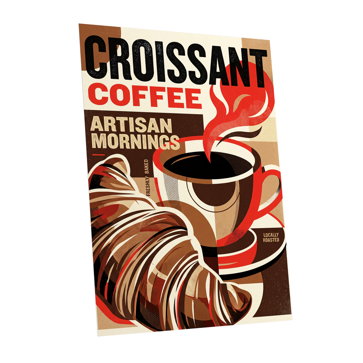 Croissant Coffee Morning, black, brown, red abstract wall art shown as a unframed poster wall art print