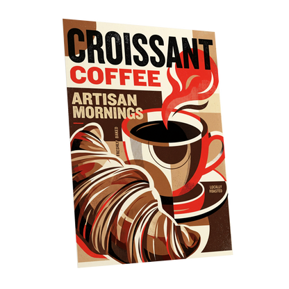 Croissant Coffee Morning, black, brown, red abstract wall art shown as a unframed poster wall art print