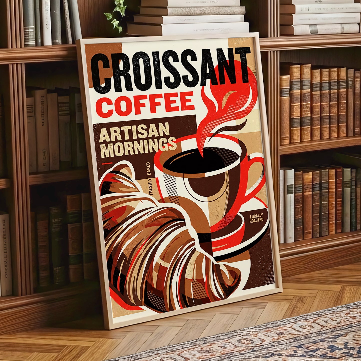 Croissant Coffee Morning, black, brown, red abstract wall art displayed in a styled interior, gallery view 1