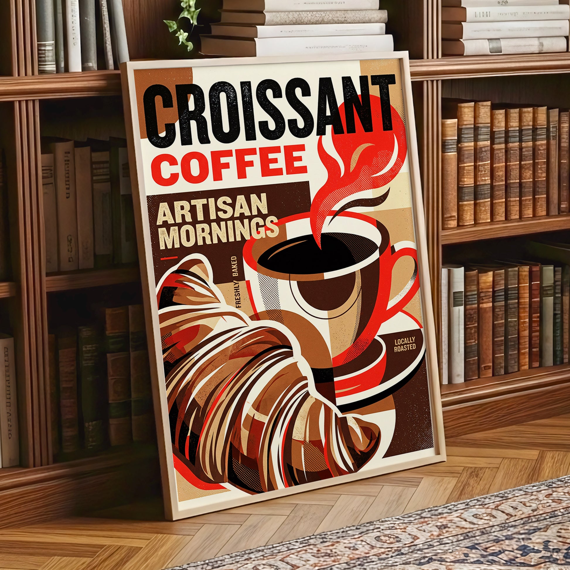 Croissant Coffee Morning, black, brown, red abstract wall art displayed in a styled interior, gallery view 1
