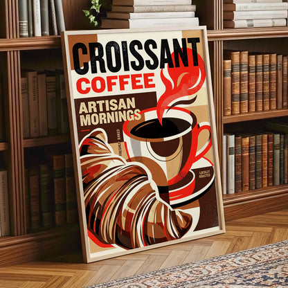 Croissant Coffee Morning, black, brown, red abstract wall art displayed in a styled interior, gallery view 1