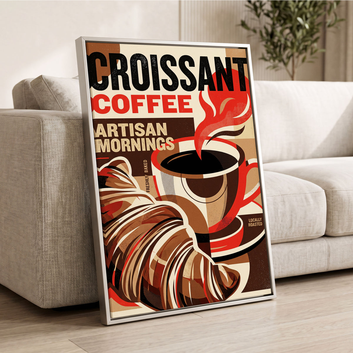 Croissant Coffee Morning, black, brown, red abstract wall art displayed in a styled interior, gallery view 2