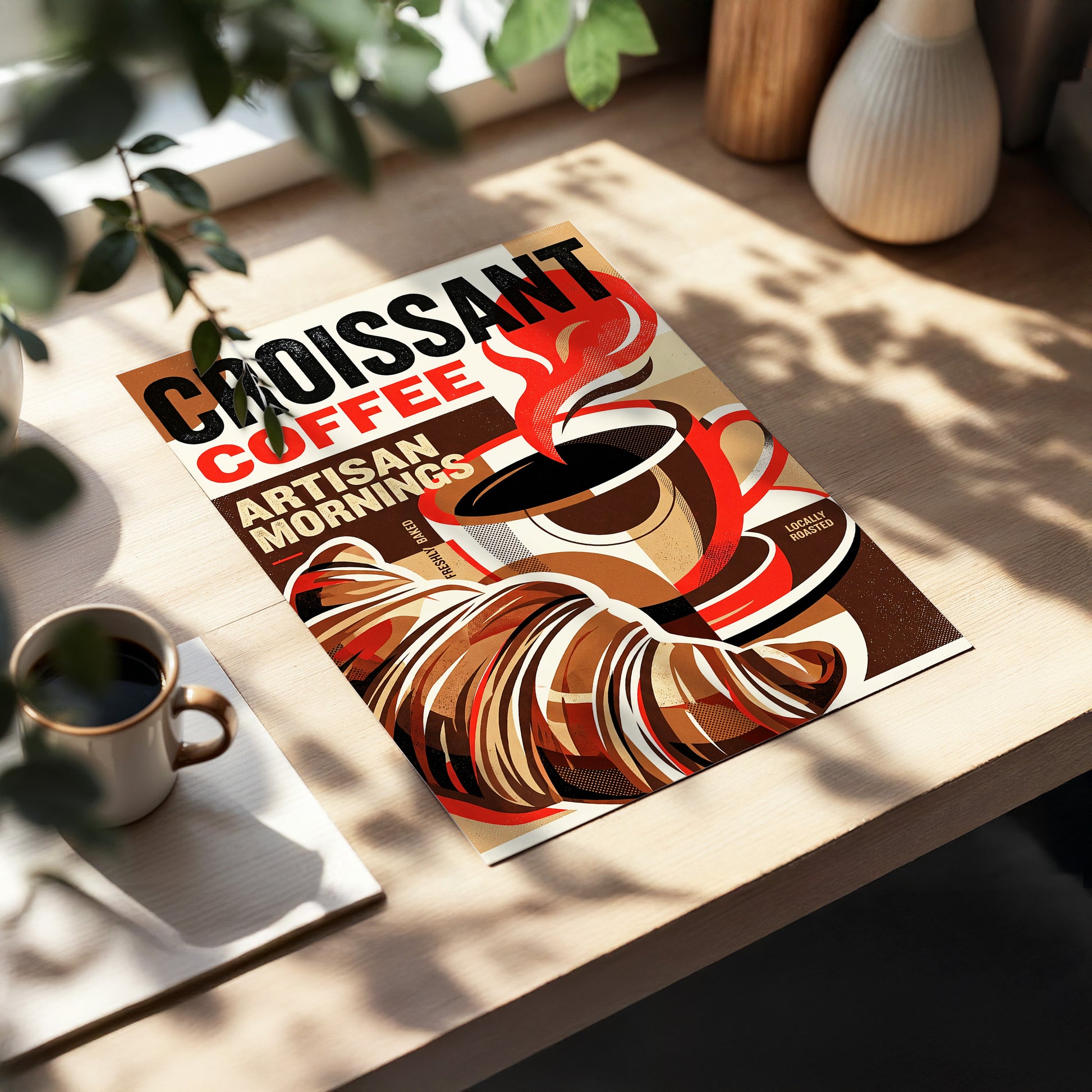 Croissant Coffee Morning, black, brown, red abstract wall art displayed in a styled interior, gallery view 3