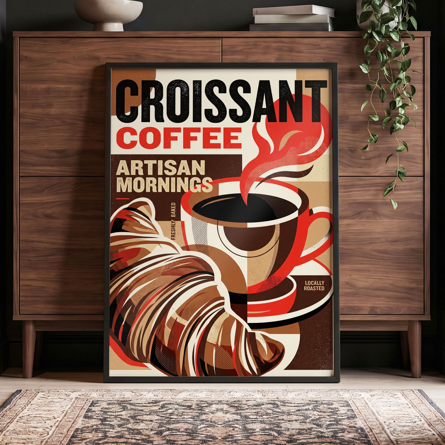 Croissant Coffee Morning, black, brown, red abstract wall art displayed in a styled interior, gallery view 4