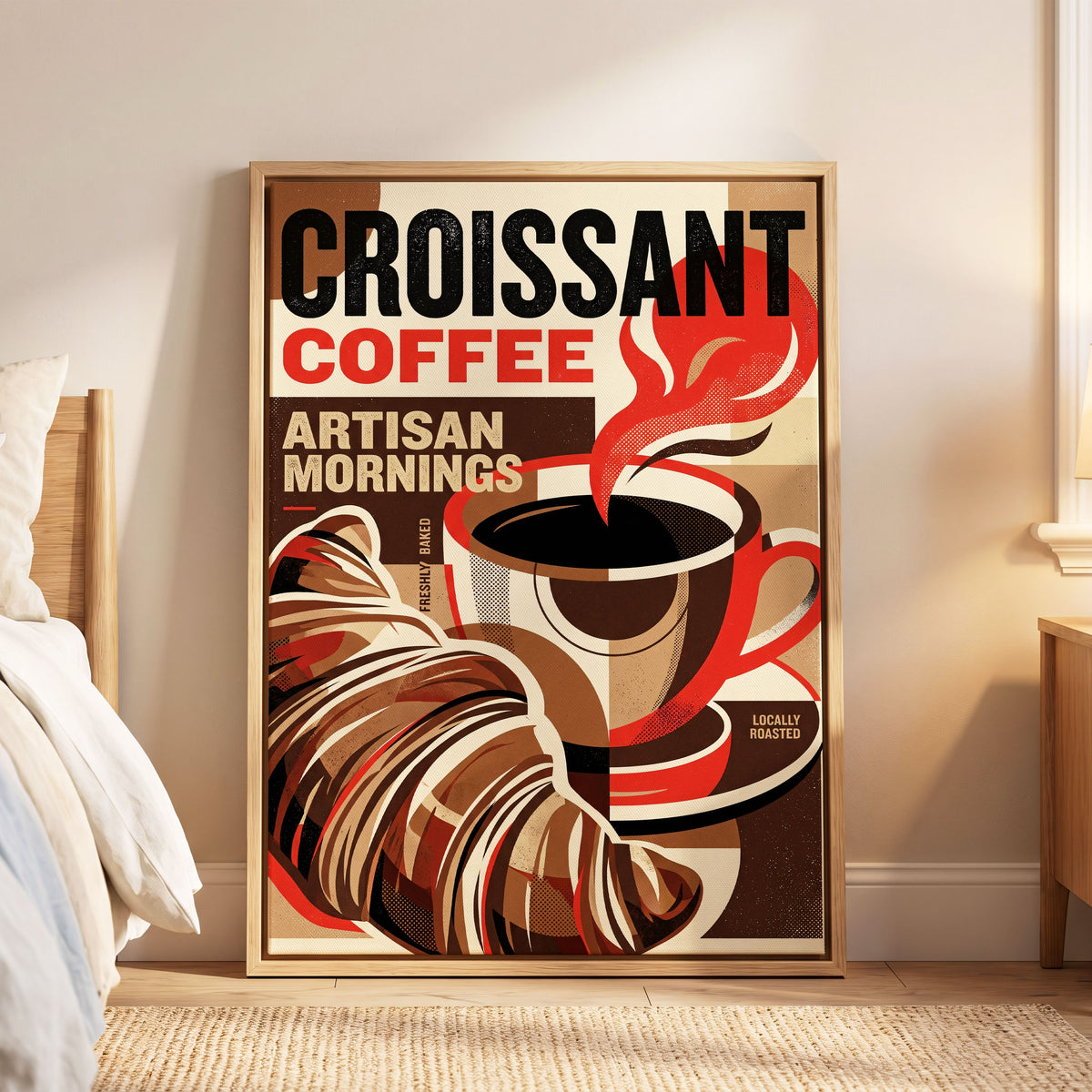 Croissant Coffee Morning, black, brown, red abstract wall art displayed in a styled interior, gallery view 6