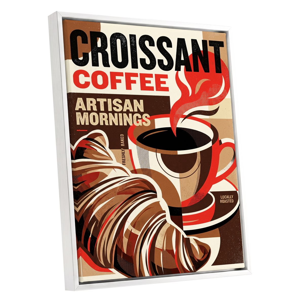 Croissant Coffee Morning, black, brown, red abstract wall art shown as a white framed canvas wall art
