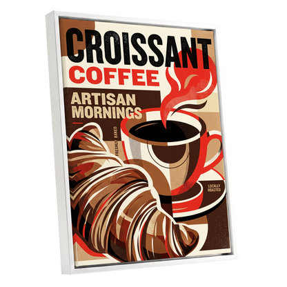 Croissant Coffee Morning, black, brown, red abstract wall art shown as a white framed canvas wall art