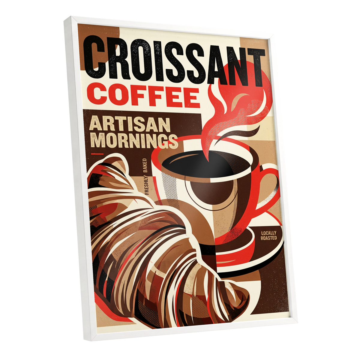 Croissant Coffee Morning, black, brown, red abstract wall art shown as a white framed poster wall art print