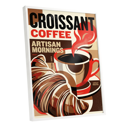 Croissant Coffee Morning, black, brown, red abstract wall art shown as a white framed poster wall art print