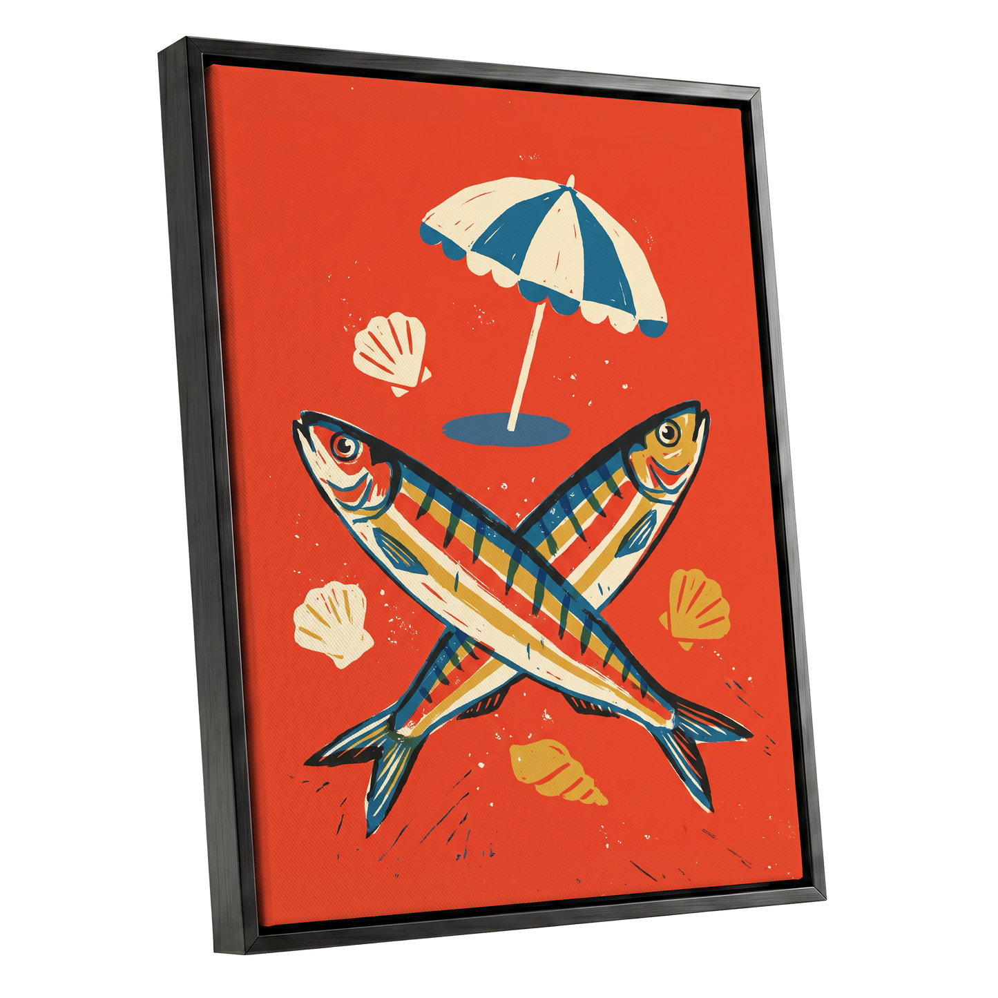 Crossed Catch, red, blue, beige nature wall art shown as a black framed canvas wall art