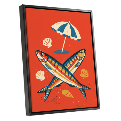 Crossed Catch, red, blue, beige nature wall art shown as a black framed canvas wall art