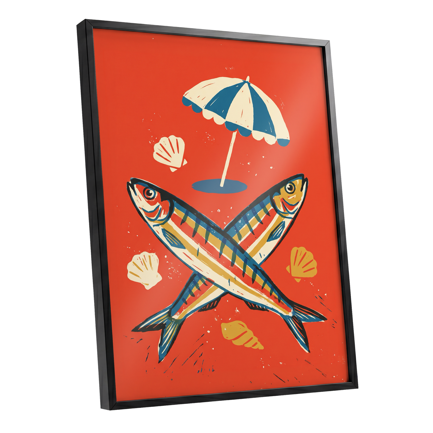 Crossed Catch, red, blue, beige nature wall art shown as a black framed poster wall art print