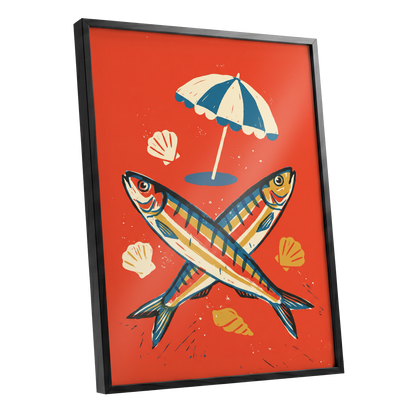 Crossed Catch, red, blue, beige nature wall art shown as a black framed poster wall art print