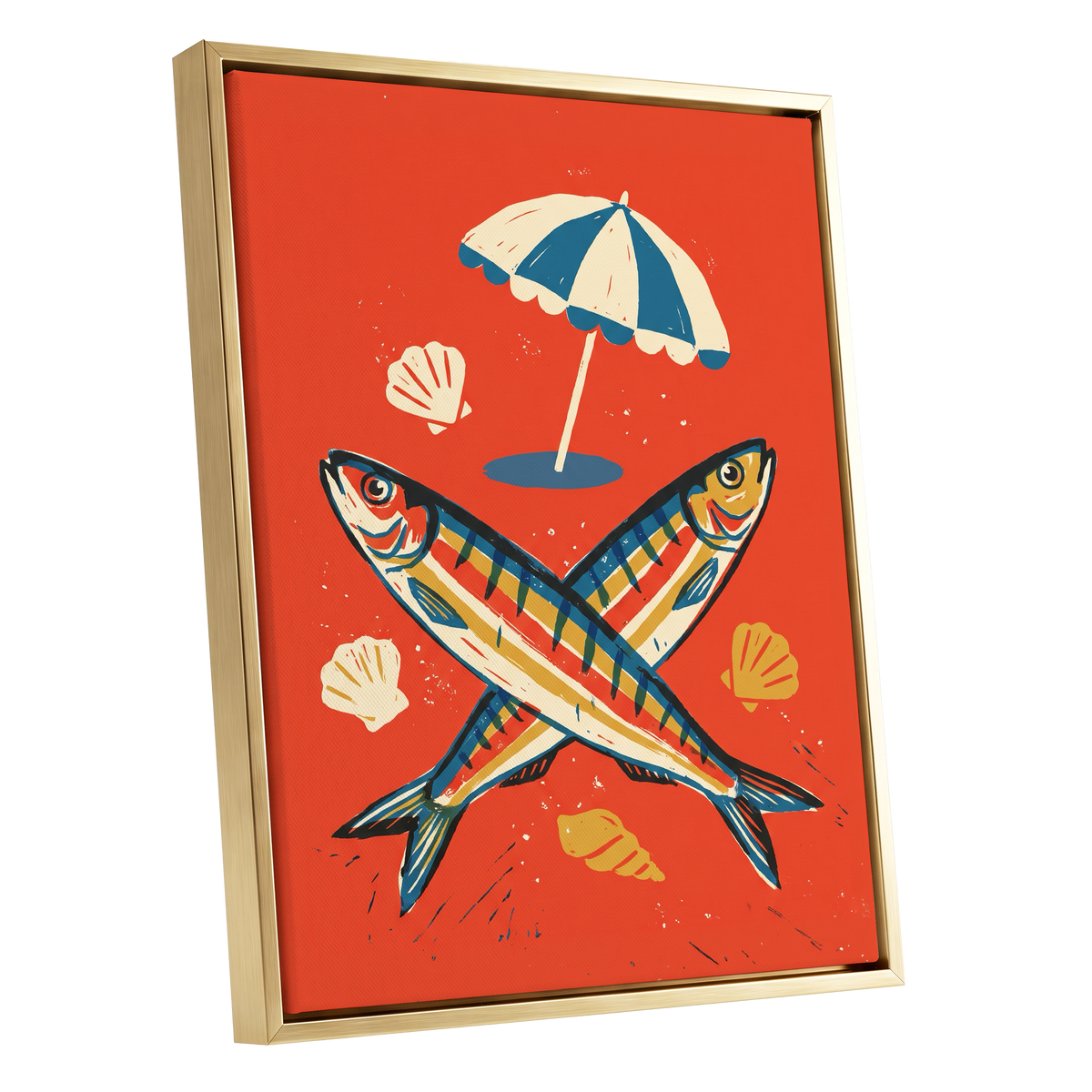Crossed Catch, red, blue, beige nature wall art shown as a gold framed canvas wall art