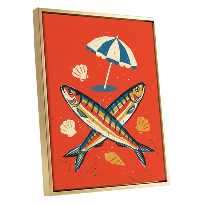 Crossed Catch, red, blue, beige nature wall art shown as a gold framed canvas wall art