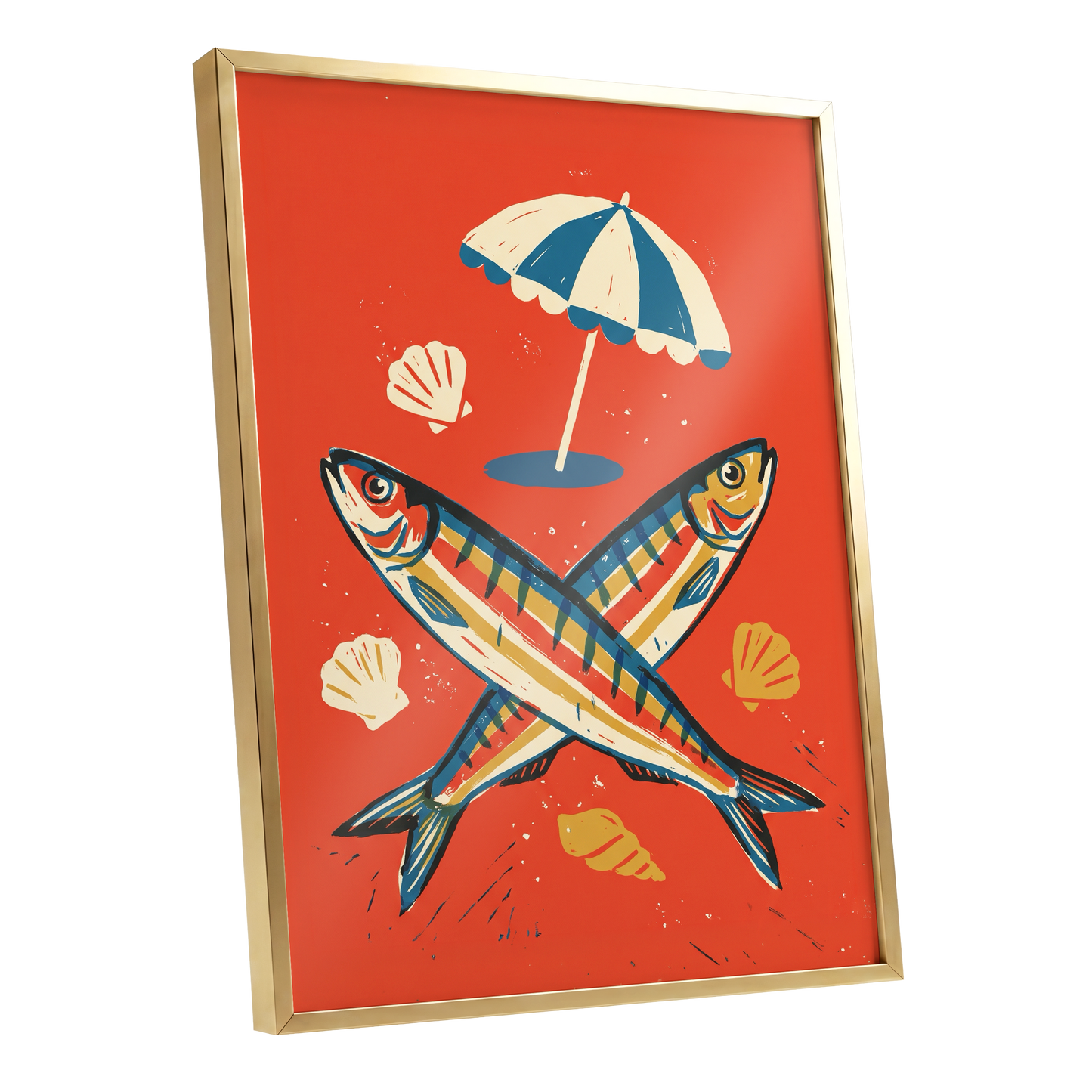 Crossed Catch, red, blue, beige nature wall art shown as a gold framed poster wall art print