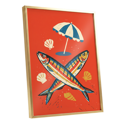 Crossed Catch, red, blue, beige nature wall art shown as a gold framed poster wall art print