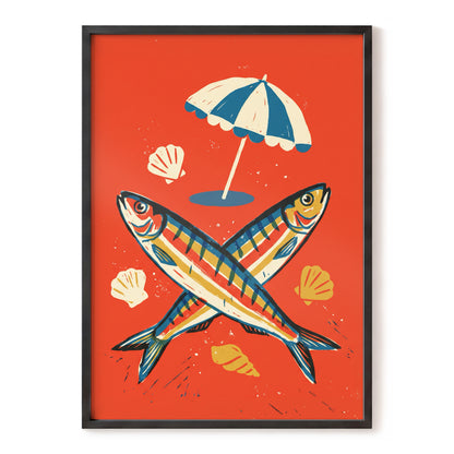 Crossed Catch, red, blue, beige nature wall art, front artwork view