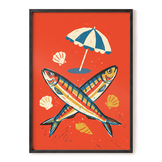 Crossed Catch, red, blue, beige nature wall art, front artwork view