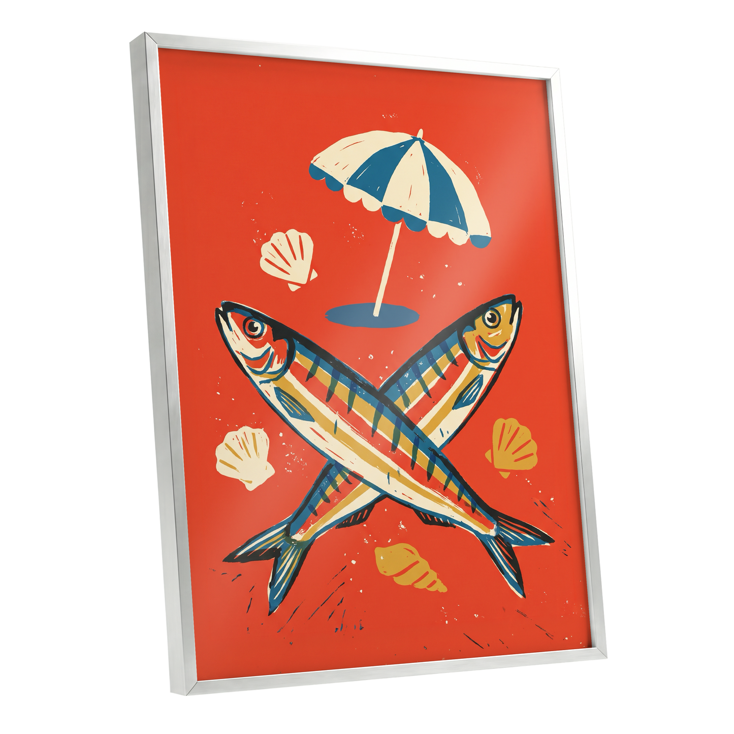 Crossed Catch, red, blue, beige nature wall art shown as a silver framed poster wall art print