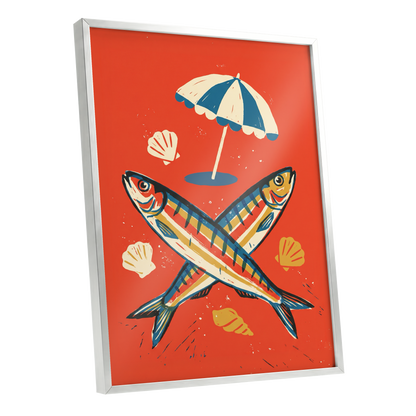 Crossed Catch, red, blue, beige nature wall art shown as a silver framed poster wall art print