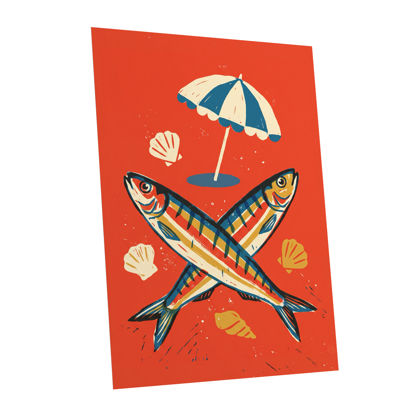 Crossed Catch, red, blue, beige nature wall art shown as a unframed poster wall art print