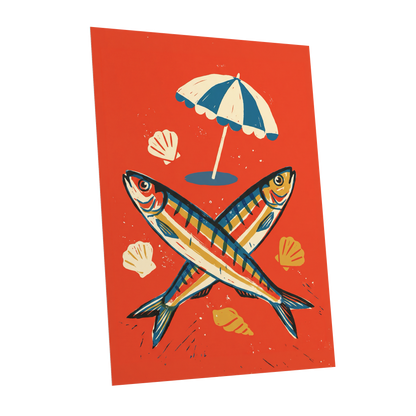 Crossed Catch, red, blue, beige nature wall art shown as a unframed poster wall art print