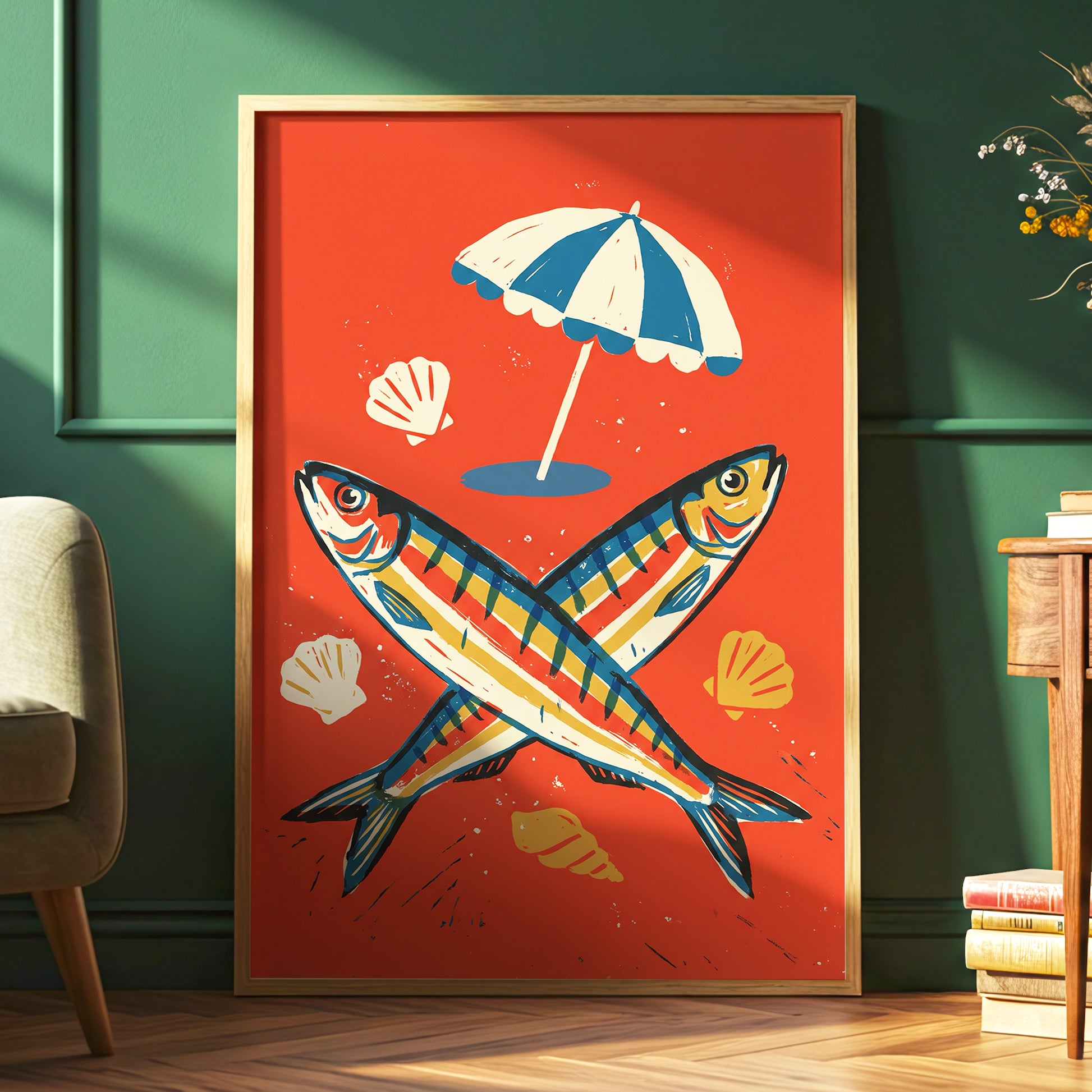 Crossed Catch, red, blue, beige nature wall art displayed in a styled interior, gallery view 2
