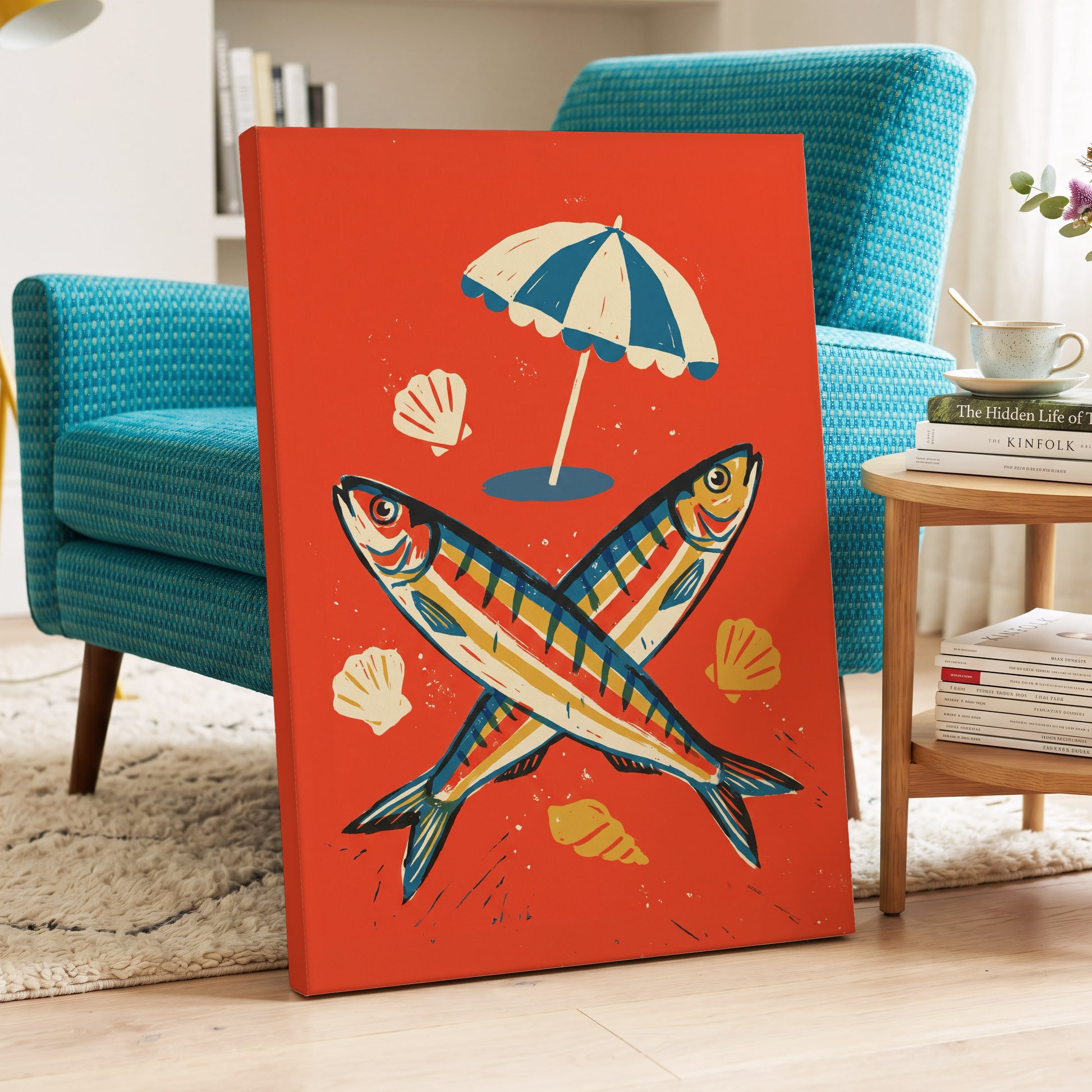 Crossed Catch, red, blue, beige nature wall art displayed in a styled interior, gallery view 3