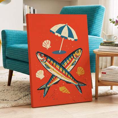 Crossed Catch, red, blue, beige nature wall art displayed in a styled interior, gallery view 3