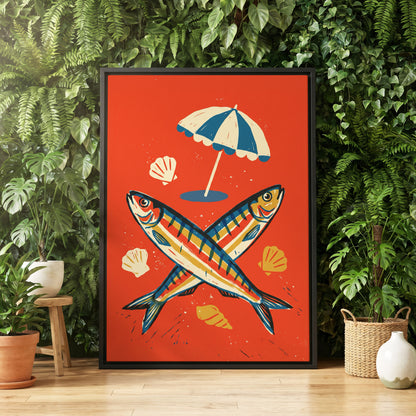 Crossed Catch, red, blue, beige nature wall art displayed in a styled interior, gallery view 4
