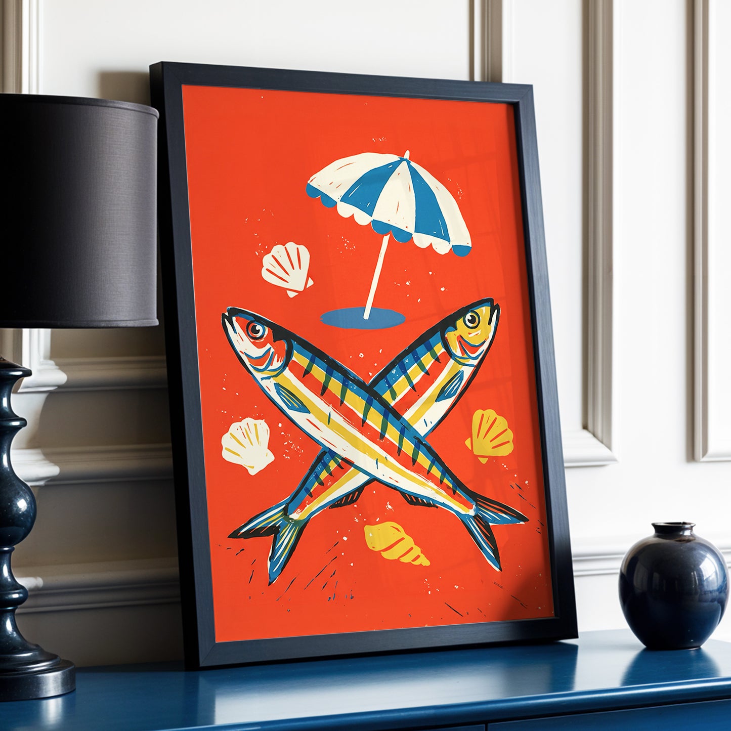 Crossed Catch, red, blue, beige nature wall art displayed in a styled interior, gallery view 6