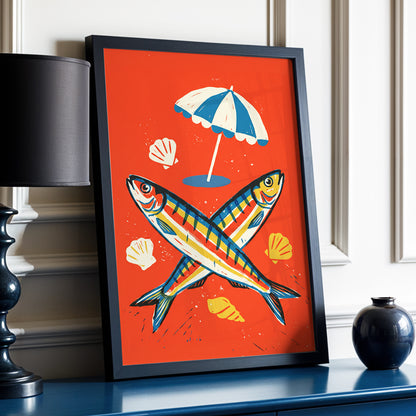 Crossed Catch, red, blue, beige nature wall art displayed in a styled interior, gallery view 6