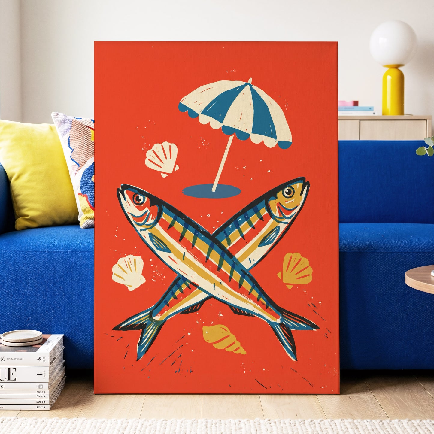 Crossed Catch, red, blue, beige nature wall art displayed in a styled interior, gallery view 7