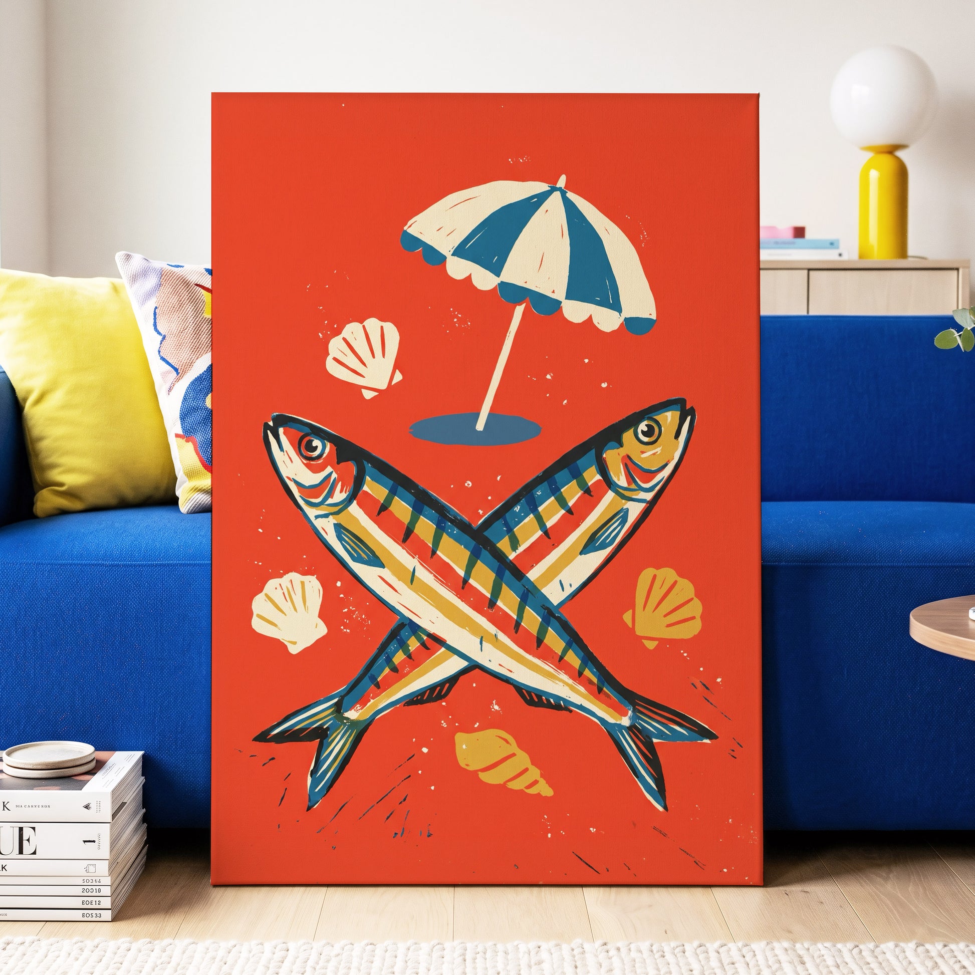 Crossed Catch, red, blue, beige nature wall art displayed in a styled interior, gallery view 7