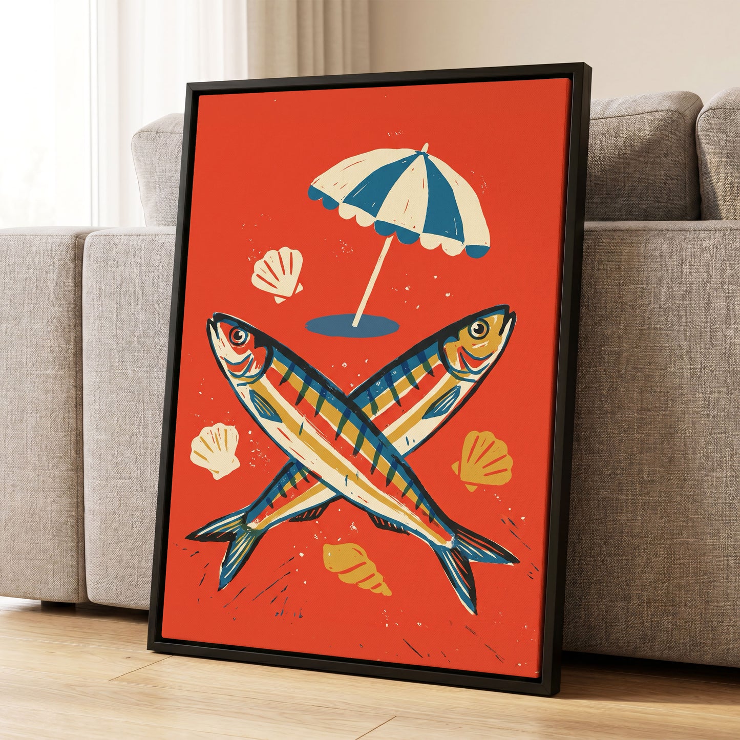 Crossed Catch, red, blue, beige nature wall art displayed in a styled interior, gallery view 8
