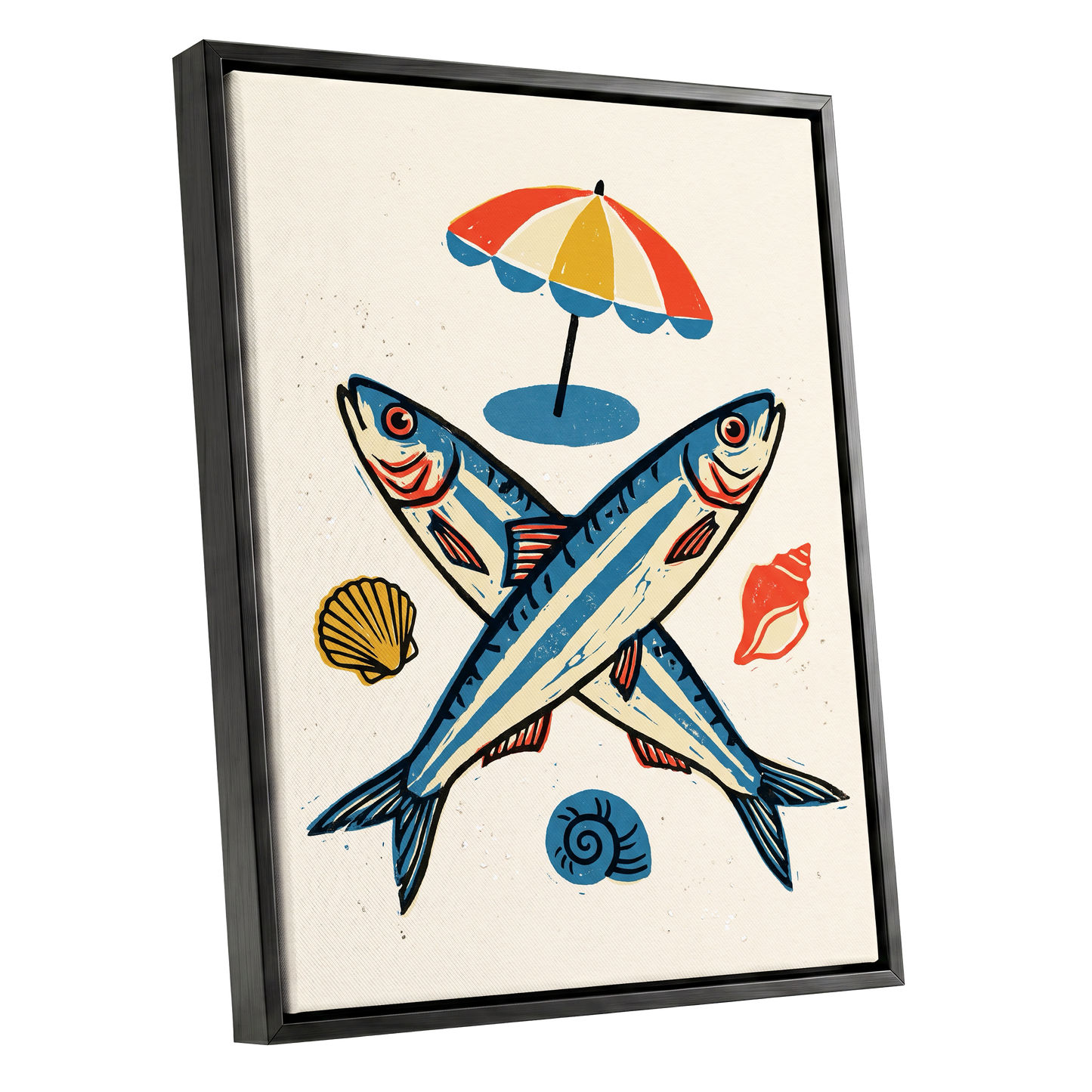 Crossed Tides, blue, beige, red nature wall art shown as a black framed canvas wall art