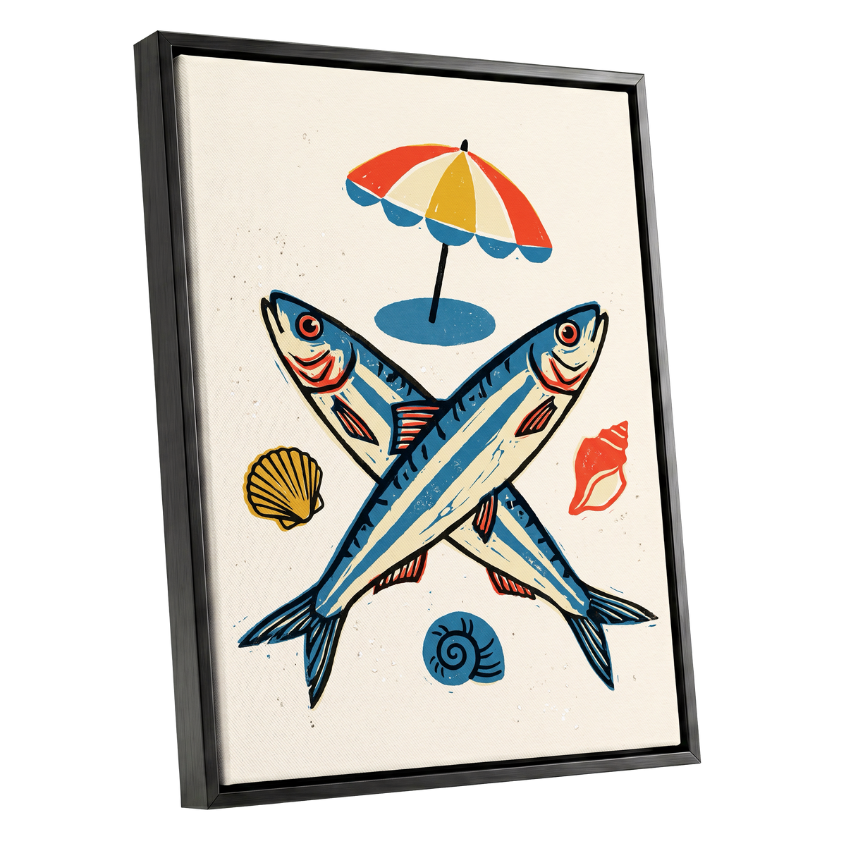Crossed Tides, blue, beige, red nature wall art shown as a black framed canvas wall art