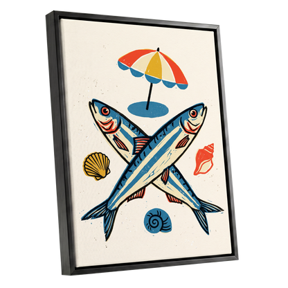 Crossed Tides, blue, beige, red nature wall art shown as a black framed canvas wall art